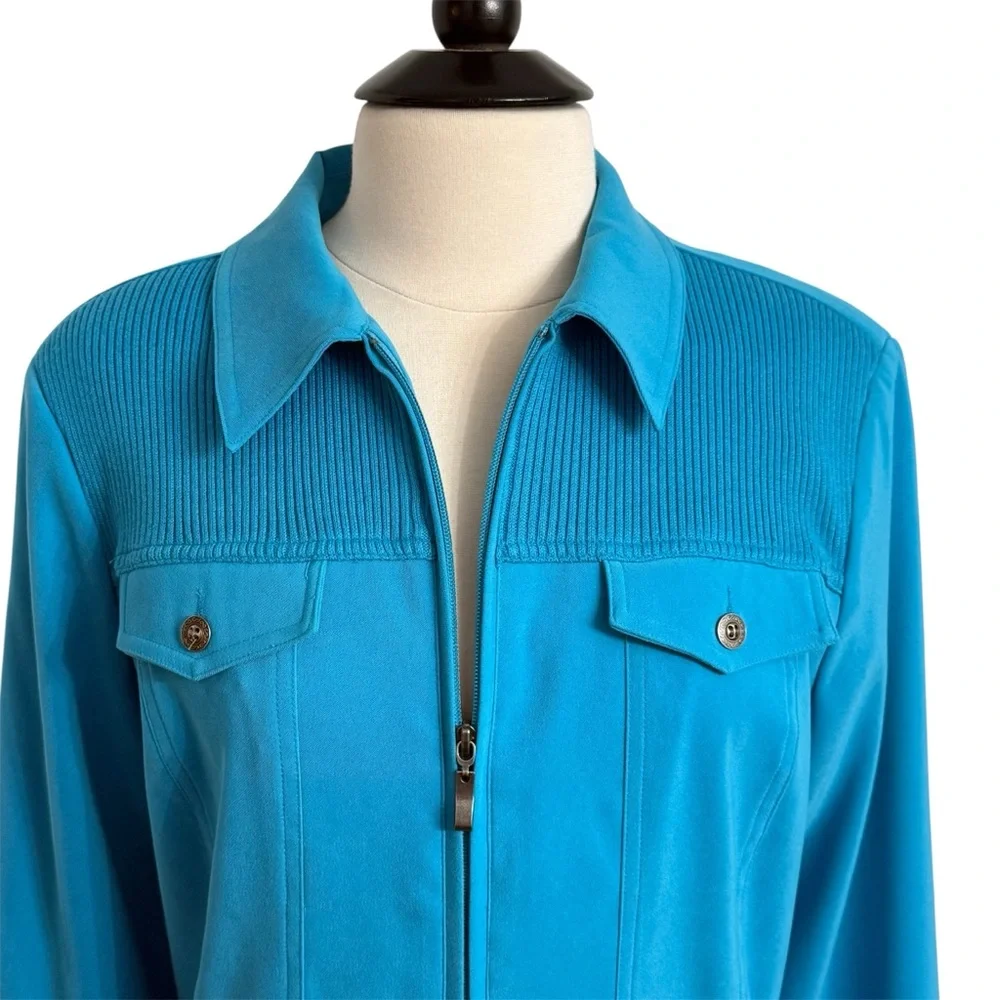 Allison Daley Petite, Women's Long Sleeve Front Zipper Jacket, Turquoise, Sz 14P